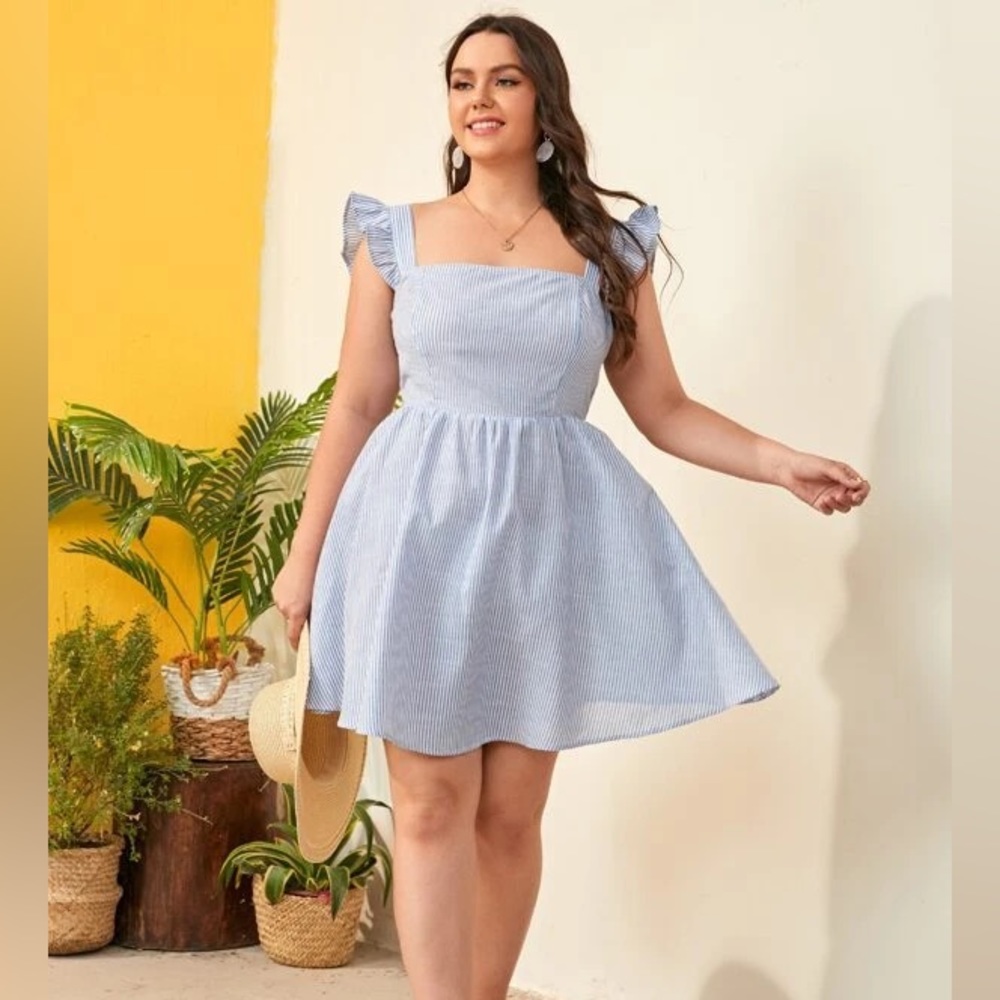 4X Shein Curve vacay plus ruffle trim tie back Striped dress